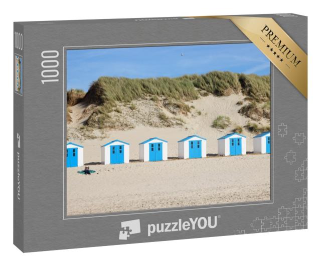 Puzzle 1000 Teile „Schmucke weiß-blaue Strandhäuser in den Dünen von Texel“