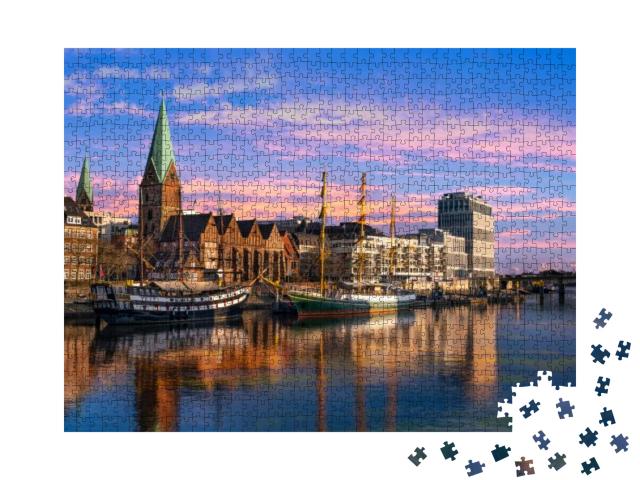 Puzzle 1000 Teile „Dreimaster an der Weser-Promenade in Bremen“