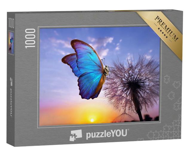Puzzle 1000 Teile „Der blaue Morpho Schmetterling auf einer Pusteblume“