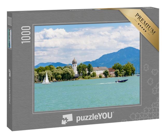 Puzzle 1000 Teile „Fraueninsel, Frauenchiemsee am Chiemsee mit Boot, Bayern, Deutschland“