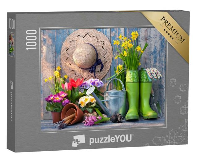 Puzzle 1000 Teile „Gartengeräte und Blumen auf der Terrasse im Garten“