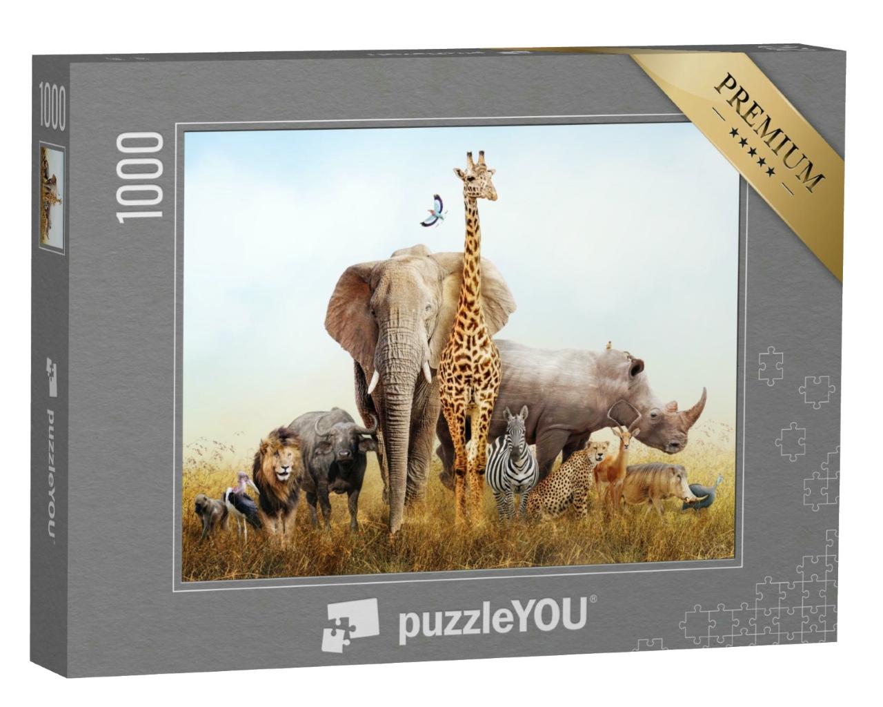 Puzzle 1000 Teile „Zahlreiche Safari-Tiere: Komposition mit Landschaft von Kenia“