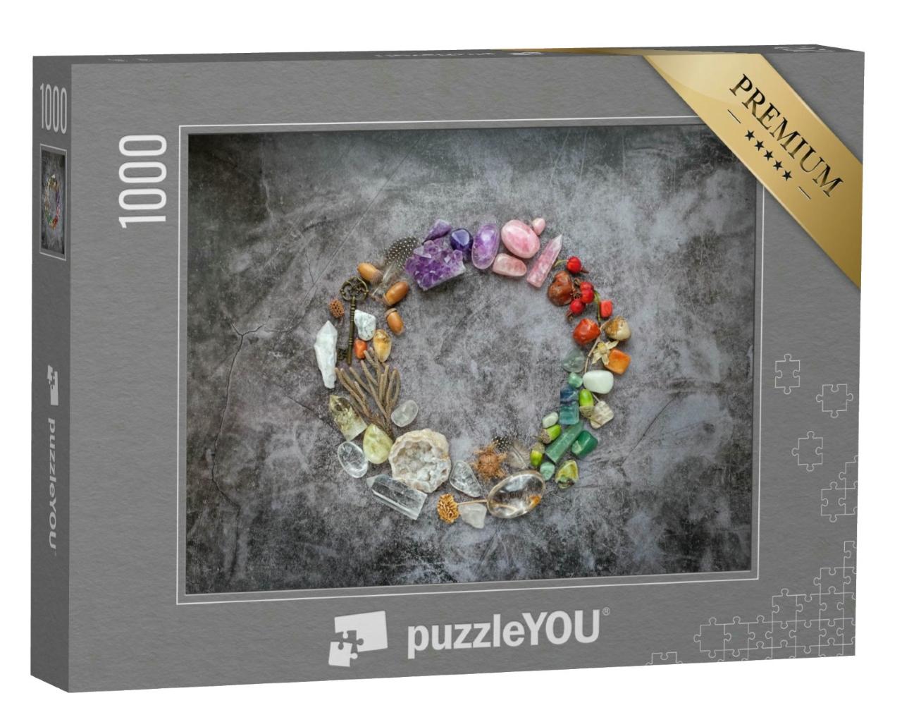 Puzzle 1000 Teile „Bunte Edelsteine und magische Dinge auf dunklem Grund“