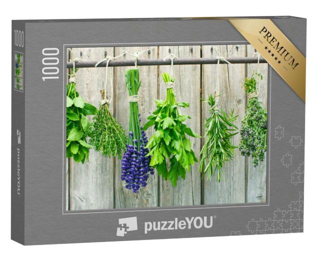 Puzzle 1000 Teile „Verschiedene frische Kräuter, aufgehängt zum Trocknen“