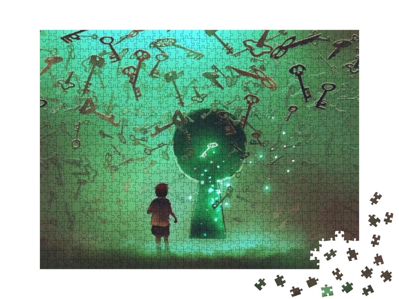 Puzzle 1000 Teile „Kleiner Junge steht vor einem Schlüsselloch, viele schwebende Schlüssel“