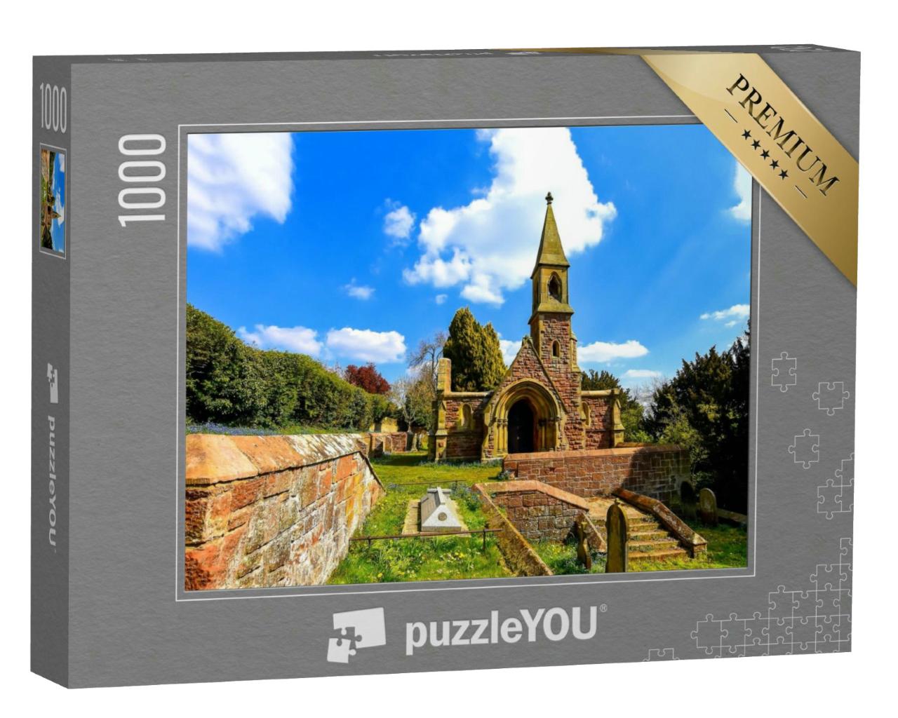 Puzzle 1000 Teile „Alte Steinkirche und Friedhof unter strahlend blauem Himmel im Frühling“