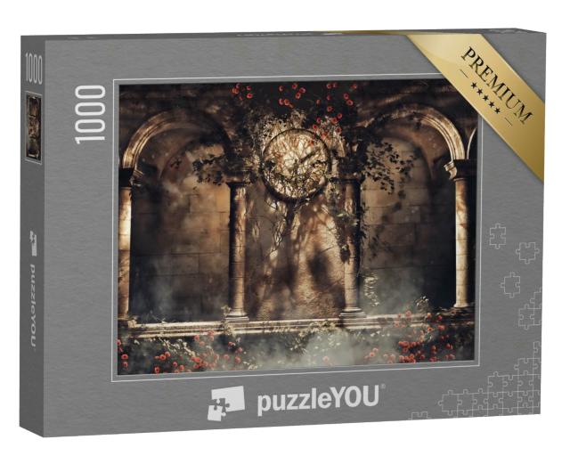 Puzzle 1000 Teile „Alte gotische Bögen mit Weinreben, Rosen und einer alten Uhr“