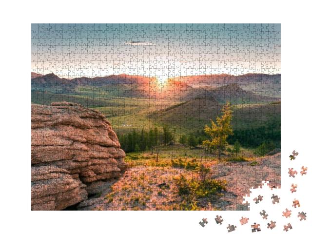 Puzzle 1000 Teile „Sonnenaufgang in der Mongolei im Gorkhi-Terelj Nationalpark“