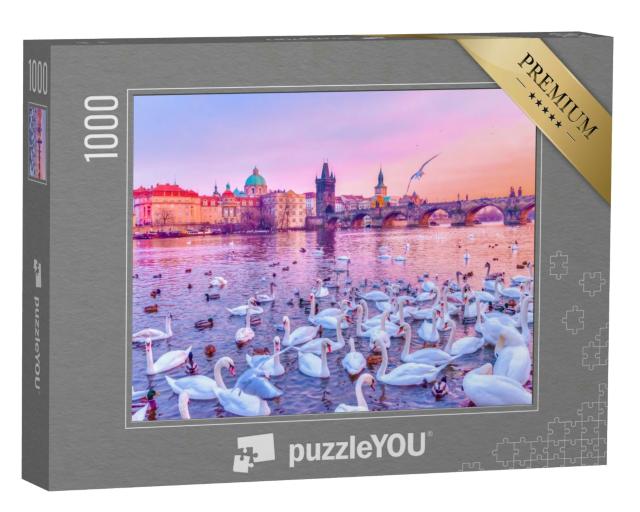 Puzzle 1000 Teile „Schwäne auf der Moldau, Sonnenuntergang in Prag“