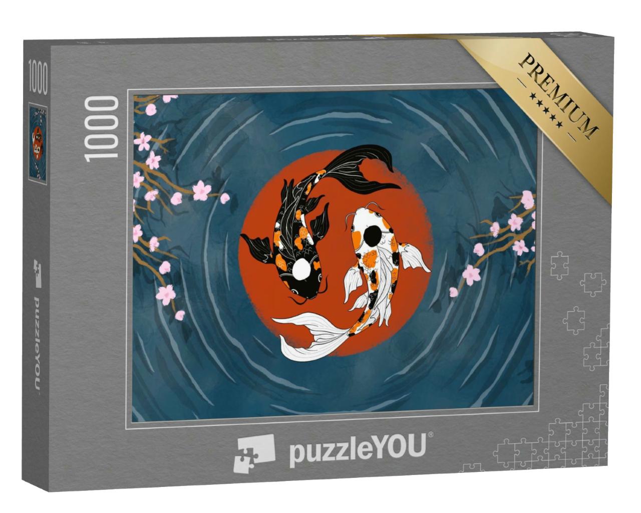 Puzzle 1000 Teile „Orientalischer Yin-Yang-Koi in einem Teich mit Kirschblüten“