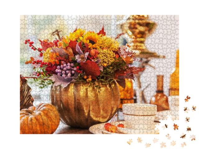 Puzzle 1000 Teile „Herbstkomposition mit Kürbis und Vase“