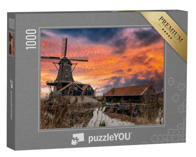 Puzzle 1000 Teile „Windmühle an einem Fluss bei Sonnenaufgang“