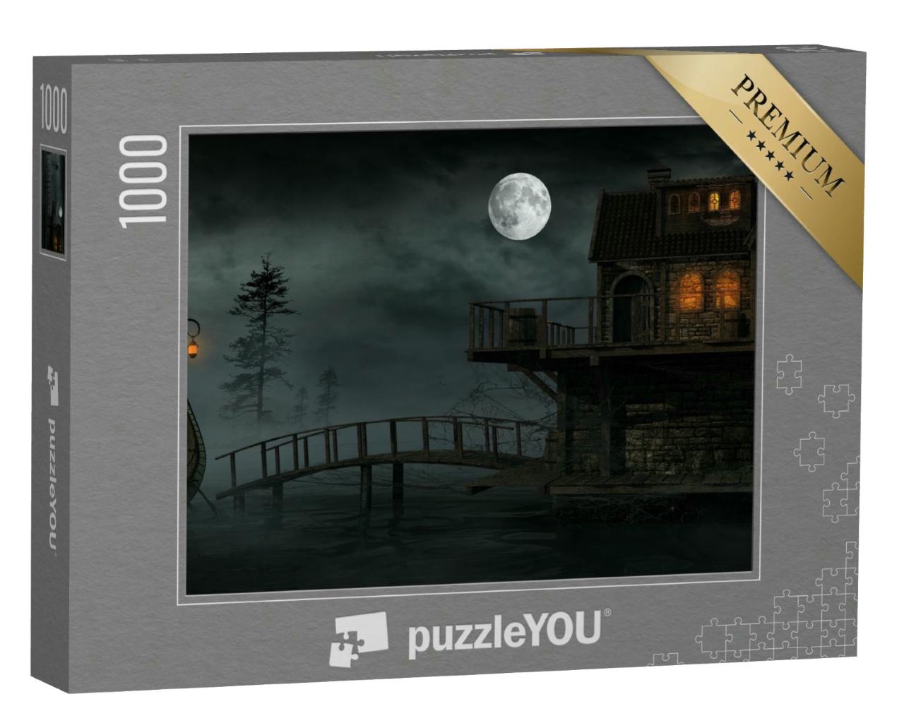 Puzzle 1000 Teile „Nachtszene mit Boot und Nebel über dem Wasser“