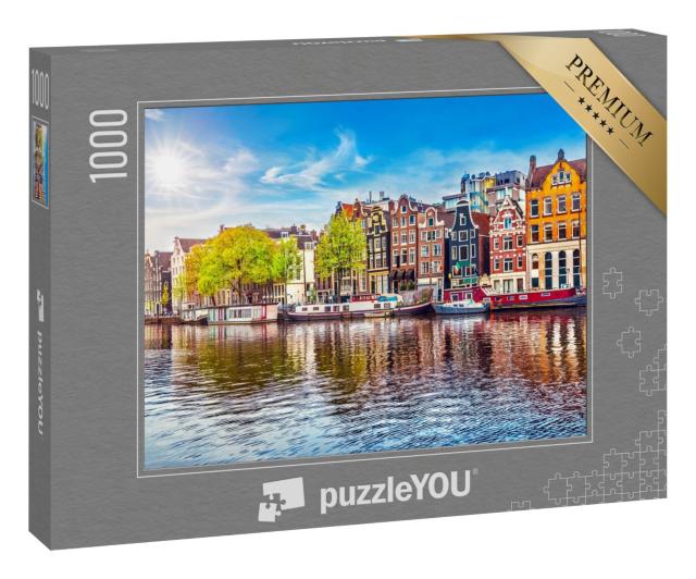 Puzzle 1000 Teile „Tanzende Häuser am Fluss Amstel in Amsterdam, Niederlande“