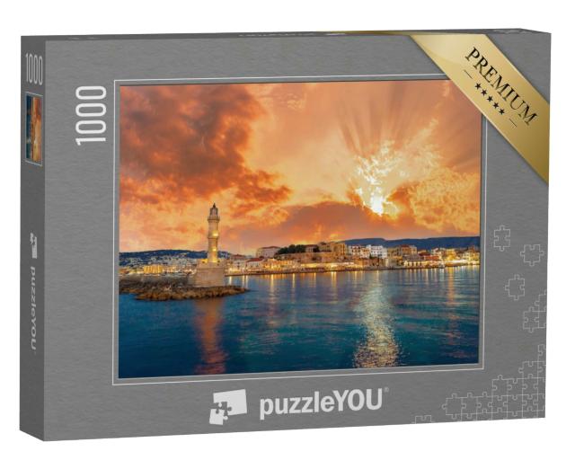 Puzzle 1000 Teile „Panorama des schönen alten Hafens von Chania mit Leuchtturm, Kreta“