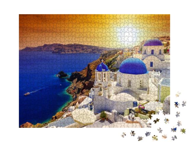 Puzzle 1000 Teile „Sonnenuntergang über Oia auf Santorini, Griechenland“