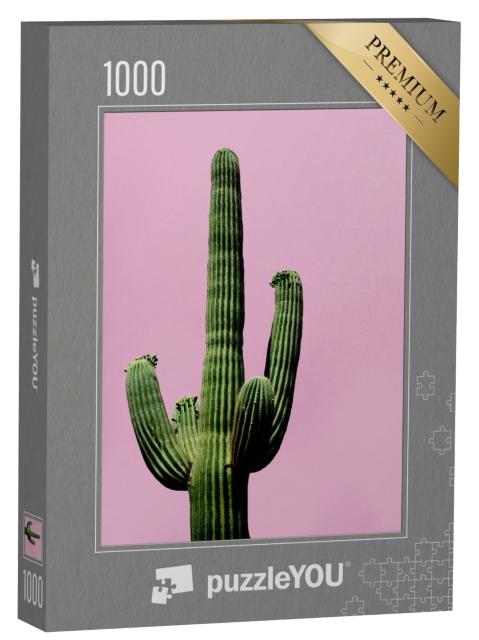 Puzzle 1000 Teile „Minimalistische Ansicht: Kaktus auf rosa Hintergrund“