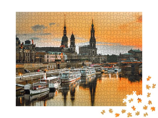 Puzzle 1000 Teile „Dresdner Skyline an der Elbe im Sonnenuntergang, Deutschland“