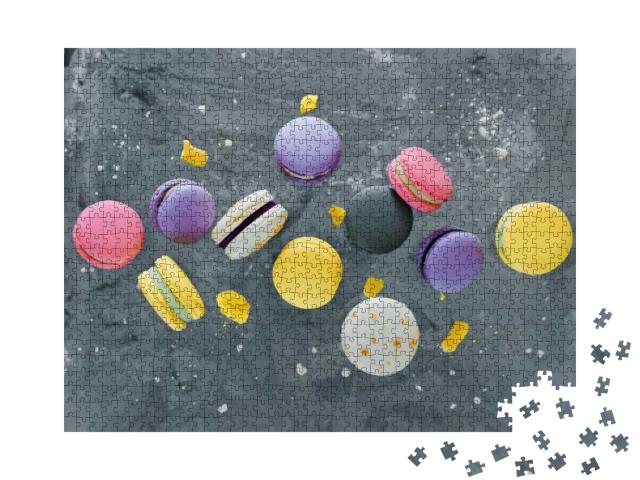 Puzzle 1000 Teile „Bunte Macarons purzeln im freien Fall“