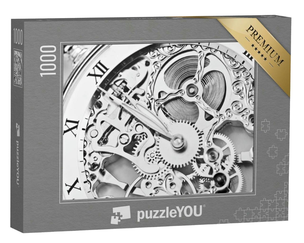 Puzzle 1000 Teile „Schwarz-weiße Nahaufnahme eines Uhrwerks“