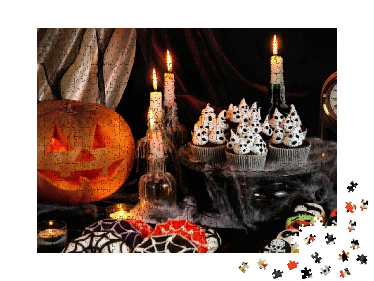 Puzzle 1000 Teile „Halloween-Dekoration mit buntem Gebäck und Kürbis“