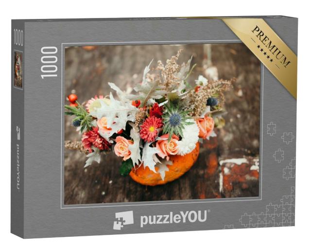 Puzzle 1000 Teile „Blumenstrauß in einer Kürbisvase für Halloween“