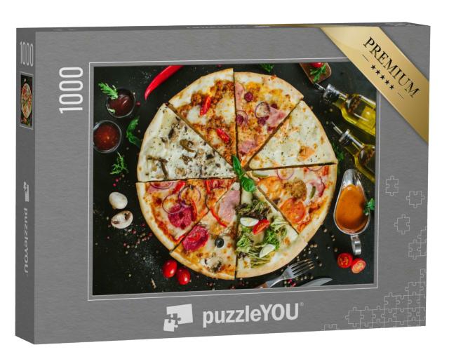 Puzzle 1000 Teile „Verschiedene Pizzastücke einer großen Pizza“
