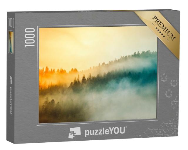 Puzzle 1000 Teile „Wunderschöner Sonnenaufgang über Wald im Frühnebel“