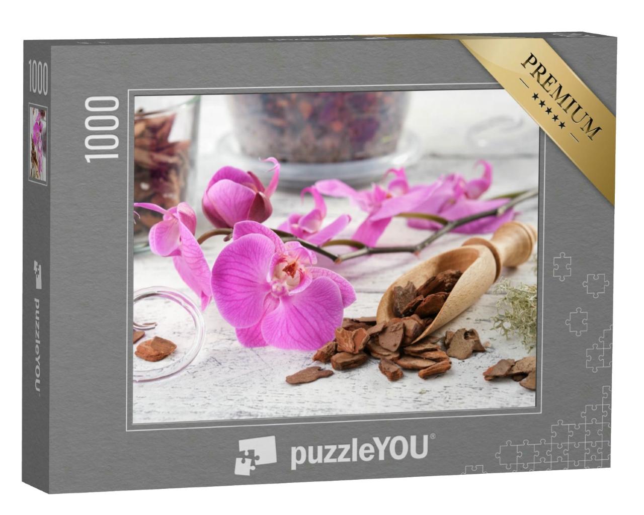 Puzzle 1000 Teile „Wunderschönes Arrangement, im Mittelpunkt eine lila Orchidee“