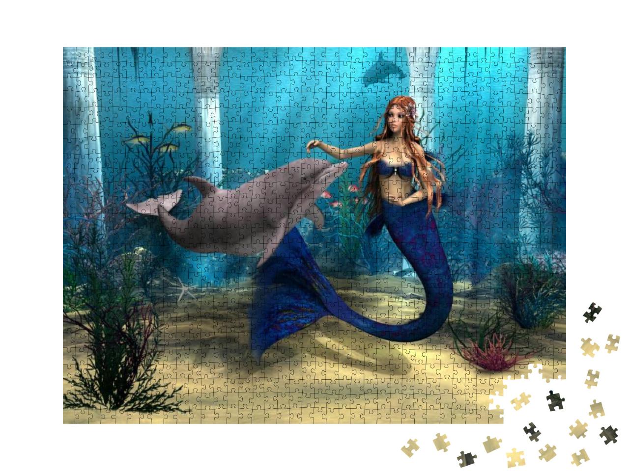 Puzzle 1000 Teile „Meerjungfrau und Delphin im Fantasy-Ozean“