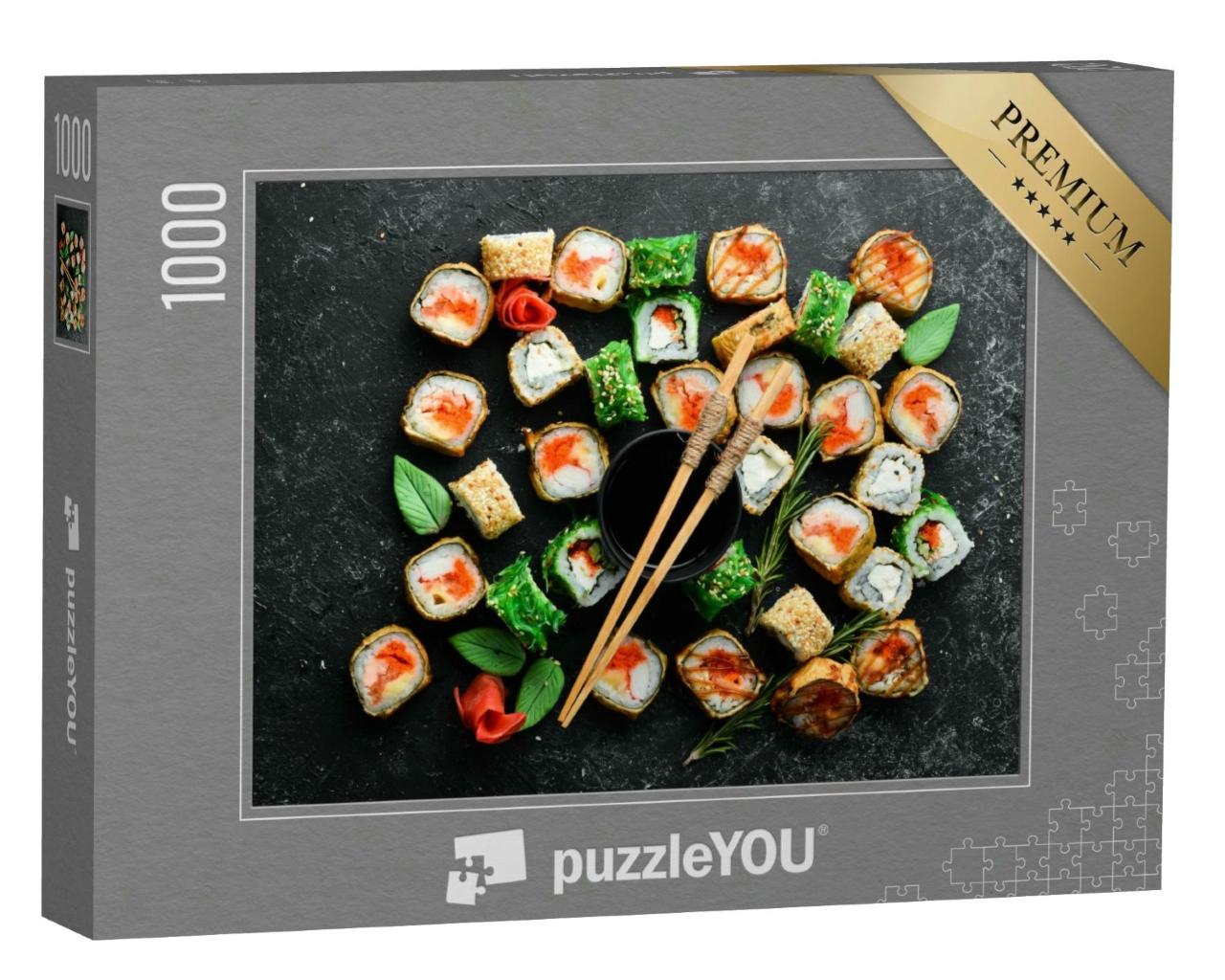 Puzzle 1000 Teile „Sushi-Rollen mit Meeresfrüchten auf einer Platte“
