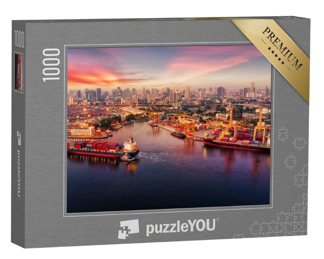 Puzzle 1000 Teile „Abendstimmung am Hafen. Im Hintergrund eine Großstadt.“