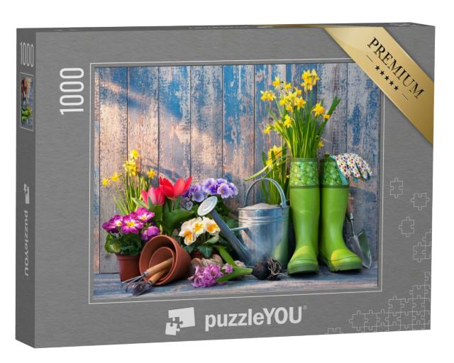 Puzzle 1000 Teile „Gartengeräte und Blumen auf der Terrasse“