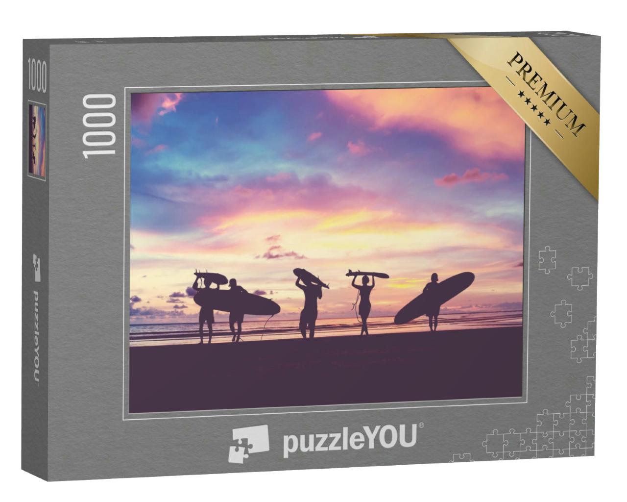 Puzzle 1000 Teile „Surfer im Sonnenuntergang am Strand“