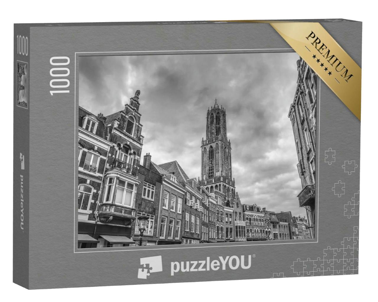 Puzzle 1000 Teile „Historische Kirche in Utrecht, Niederlande, schwarz-weiß“