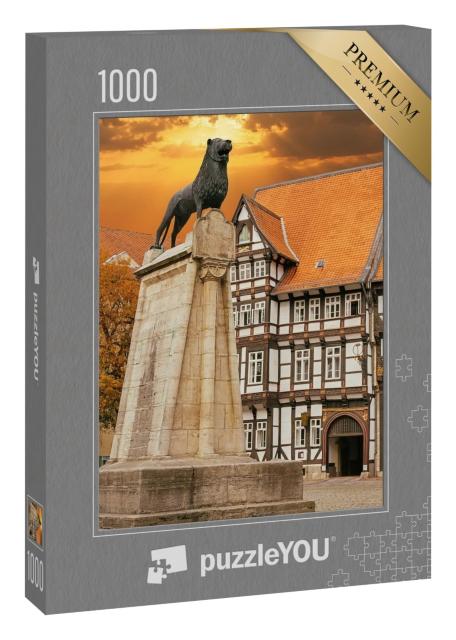 Puzzle 1000 Teile „Löwenstatue und altes Fachwerkhaus in Braunschweig, Deutschland“