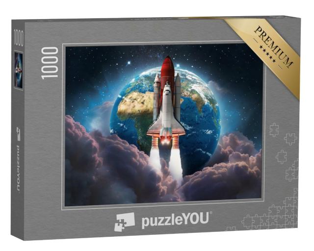 Puzzle 1000 Teile „Space Shuttle startet in den Weltraum, im Hintergrund die Erde“