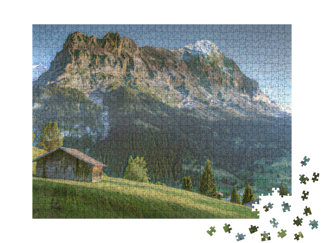 Puzzle 1000 Teile „im Kunst-Stil von Claude Monet - Schweizer Alpenlandschaft vor dem Eiger“