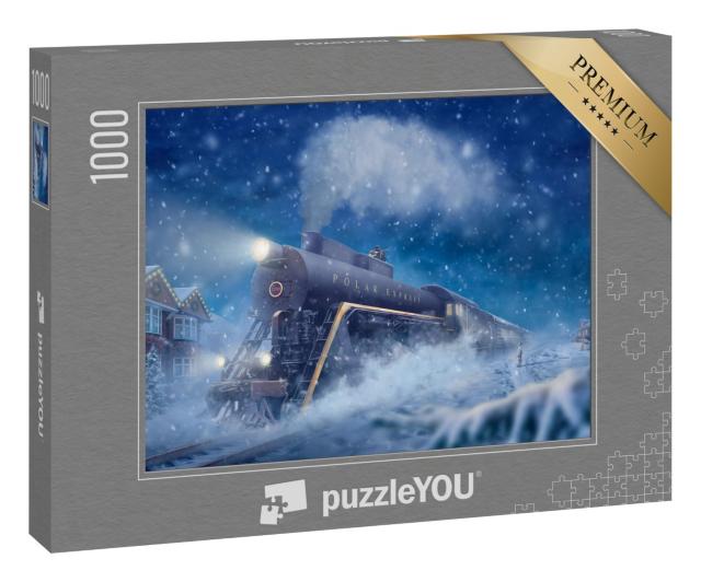 Puzzle 1000 Teile „Polarexpress in einer verschneiten Landschaft, kleiner Junge, Mann auf dem Zug“