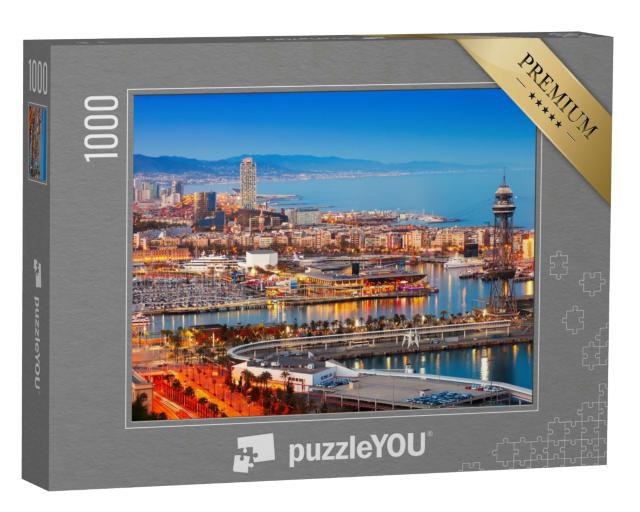 Puzzle 1000 Teile „Barcelona Stadt und Hafen am Abend, Spanien“
