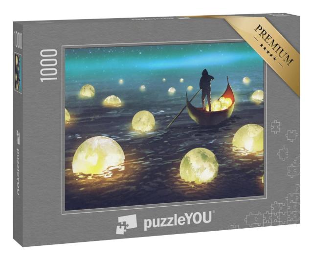 Puzzle 1000 Teile „Boot zwischen vielen leuchtenden Monden, Illustrationsmalerei“