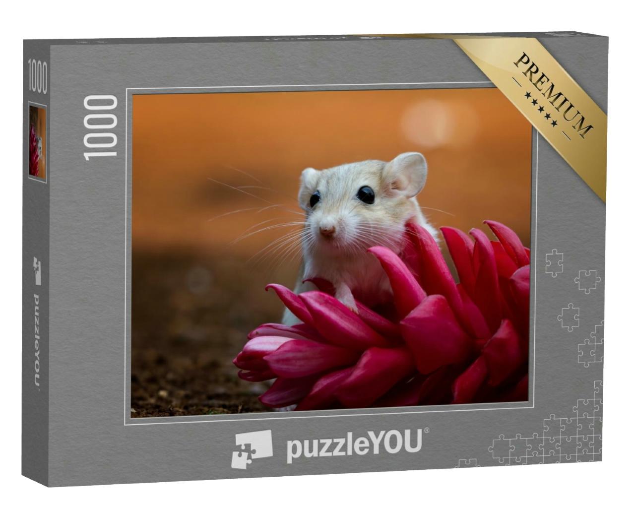 Puzzle 1000 Teile „Niedliche Wüstenrennmaus auf rosa Blüte“