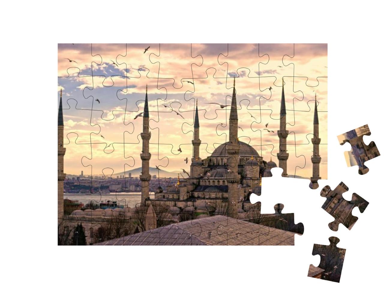 Puzzle 48 Teile „Sonnenuntergang über der Blauen Moschee, (Sultanahmet Camii), Istanbul, Türkei“