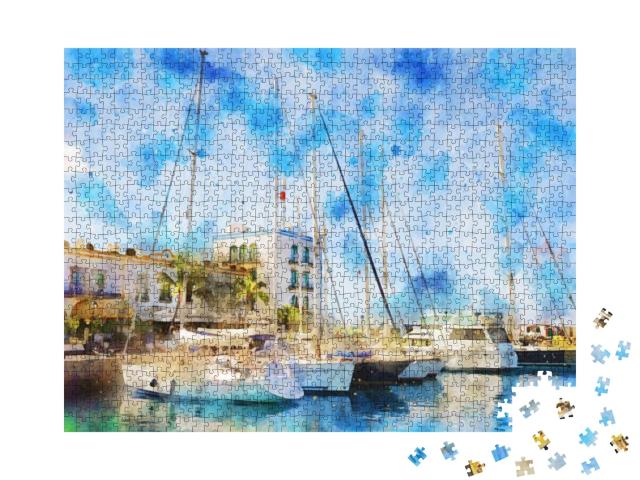 Puzzle 1000 Teile „Aquarell des Stadtbildes von Puerto de Morgan auf der Insel Gran Canaria“