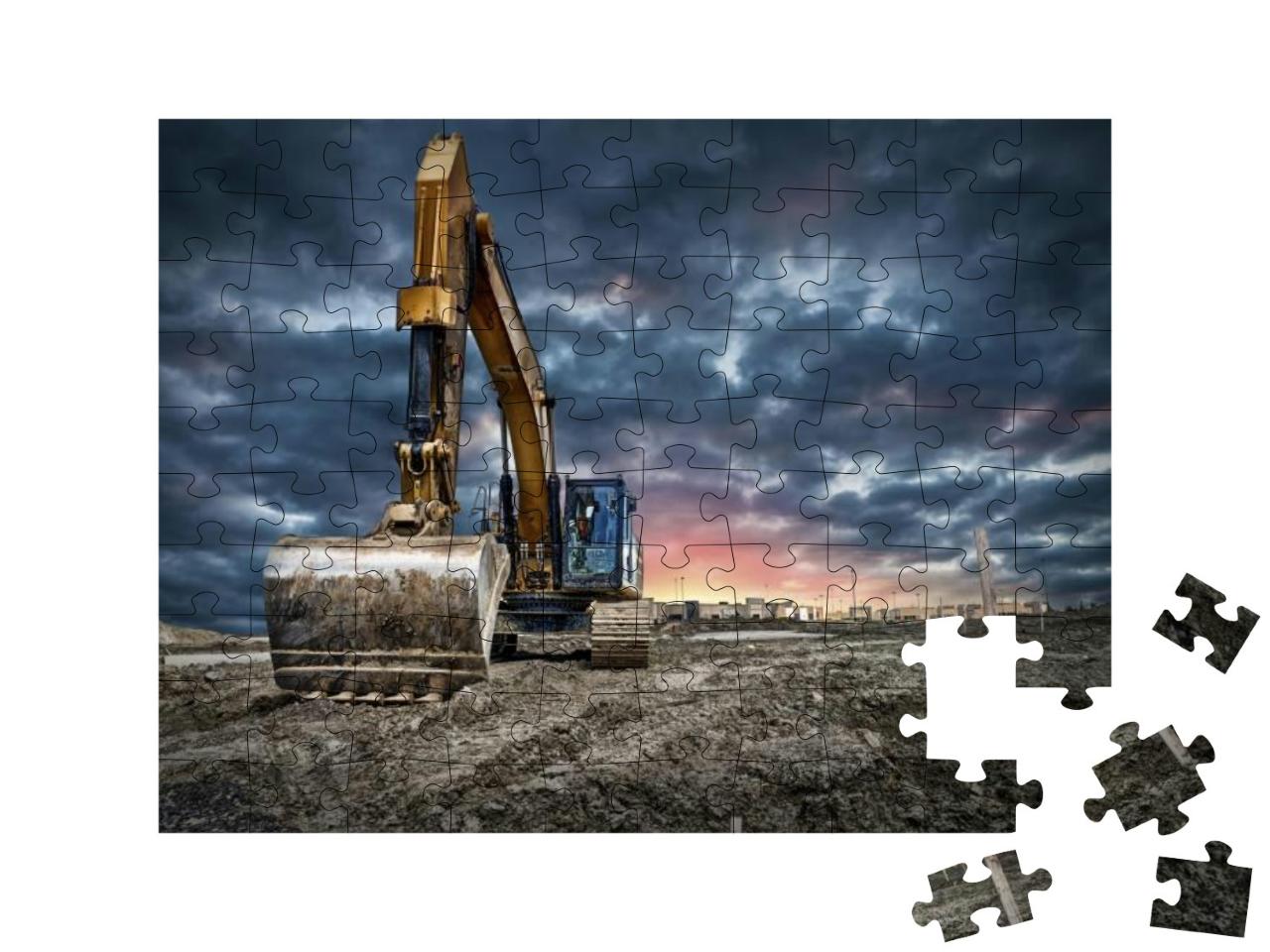 Puzzle 100 Teile „Baggermaschinen auf einer Baustelle bei Sonnenuntergang“