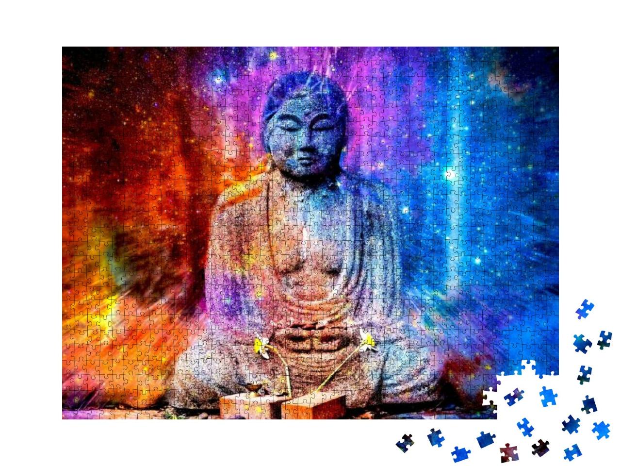 Puzzle 1000 Teile „Buddha-Statue und Galaxie, Illustration“