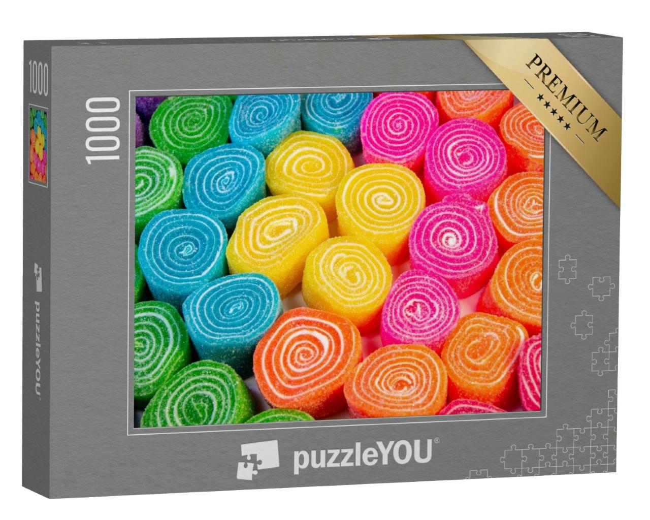 Puzzle 1000 Teile „Mehrfarbige Bonbonspiralen in Blau, Orange, Pink, Gelb und Grün“