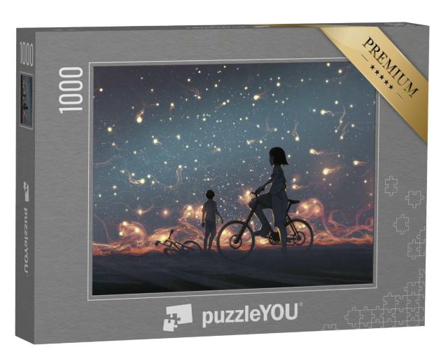 Puzzle 1000 Teile „Junges Paar, Blick auf geheimnisvolle Lichter am Nachthimmel“