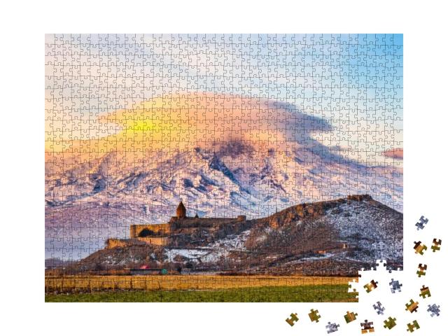 Puzzle 1000 Teile „Sonnenaufgang über dem Khor Virap-Kloster und Berg Ararat, Armenien“