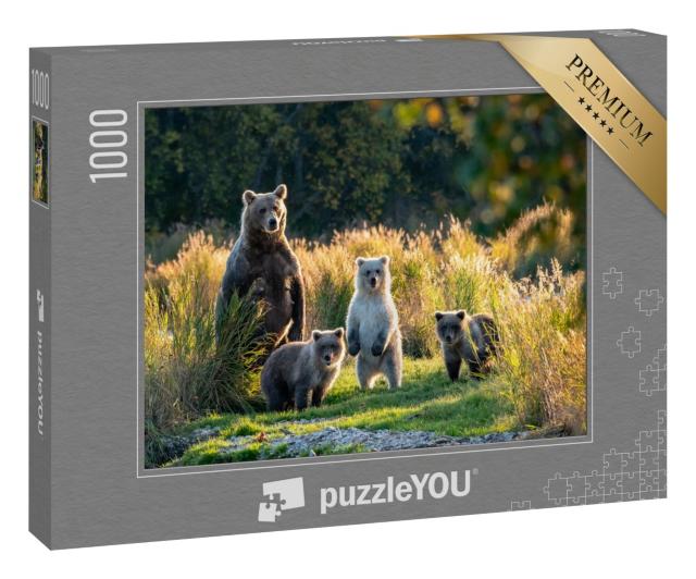 Puzzle 1000 Teile „Vielbeschäftigte Mutter: Alaska-Braunbärin mit drei niedlichen Jungtieren“